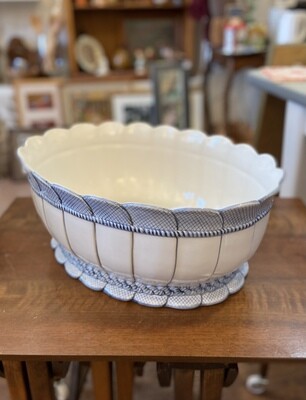 Large White and Blue Ceramic Planter  or Center Piece Bowl 17” x 12” x 7”
