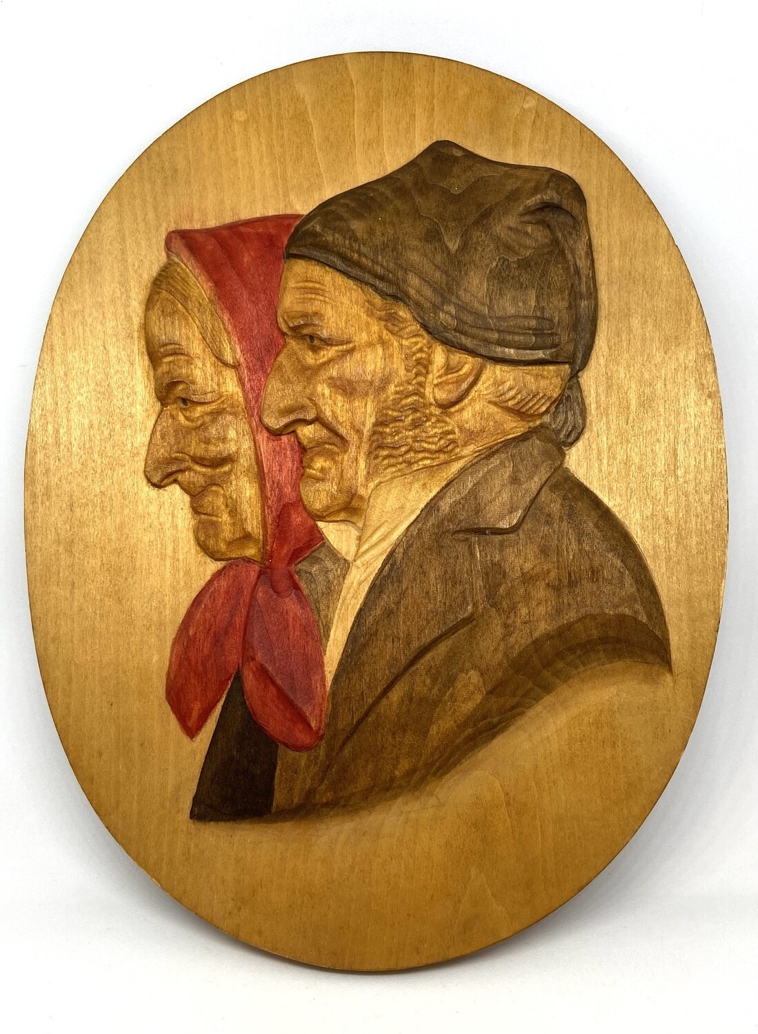 Wooden Carved Relief of Swiss Couple 8” x 6”, Facing: Left