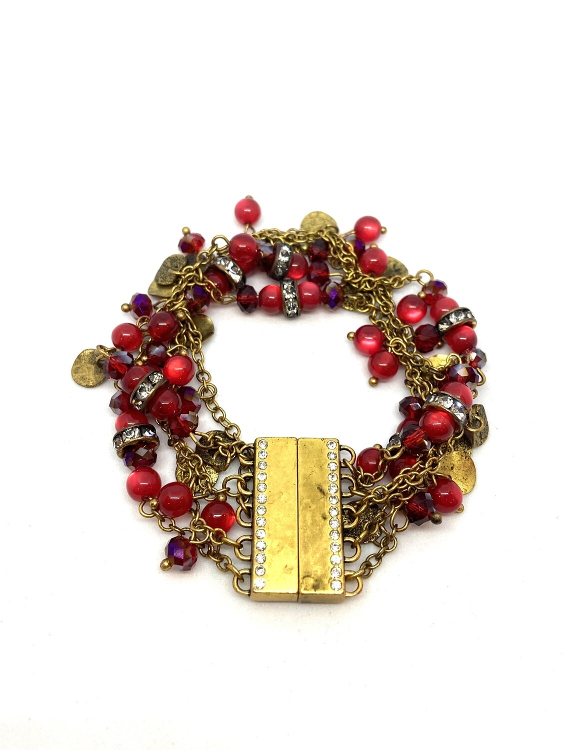 Gold & Red Magnetic Clasp Beaded Five Strand Bracelet 