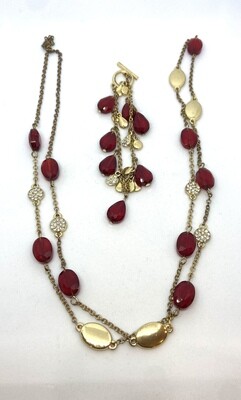 Gold Tone Red Rhinestone 36” Strand Necklace and 8” Charm Bracelet