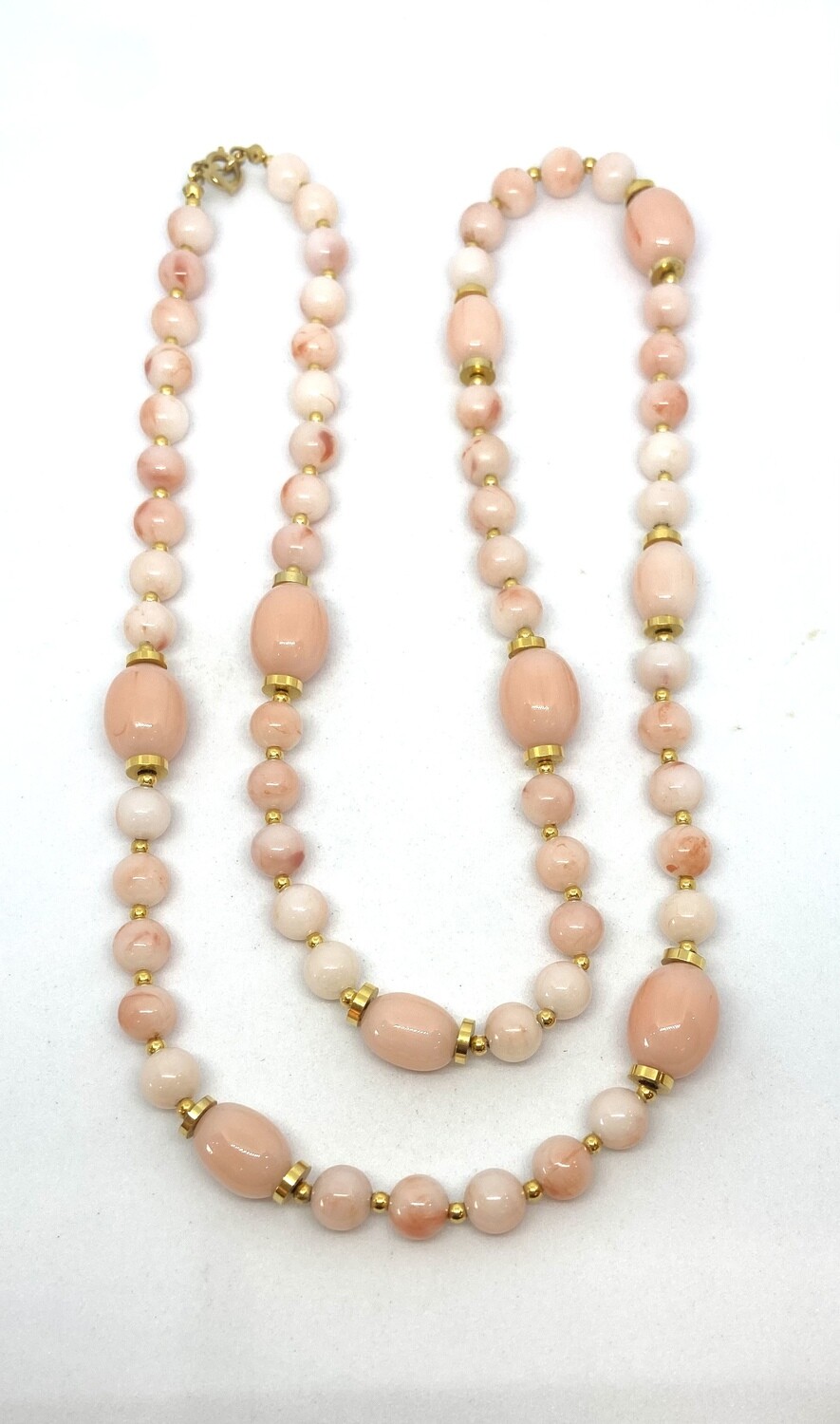 Gold And Marbled Pink Plastic Bead Necklace 30” 