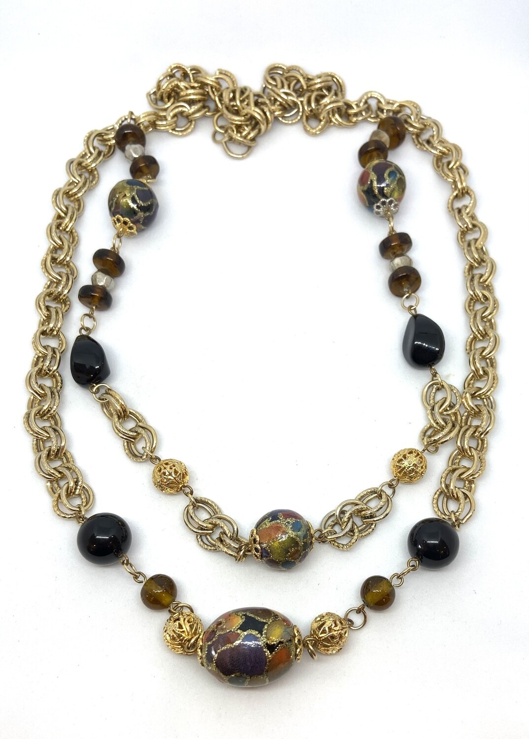 Chunky Gold Tone Chain and Multicolor Bead Necklace 30”
