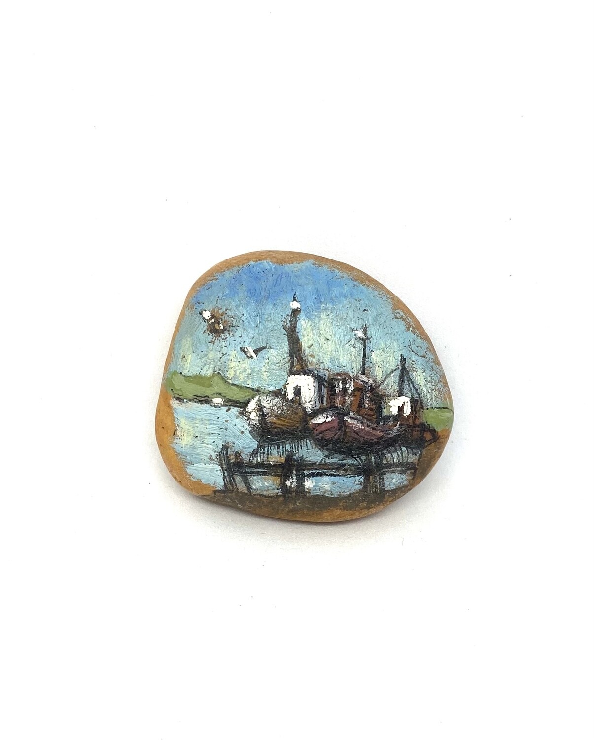 Hand-painted Rock with Boat Scene