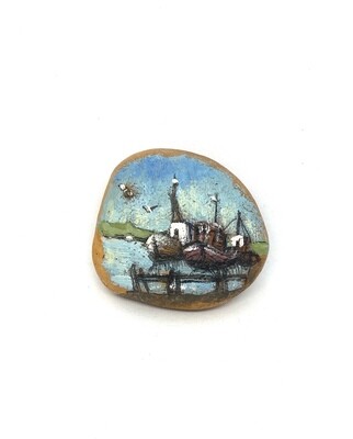 Hand-painted Rock with Boat Scene
