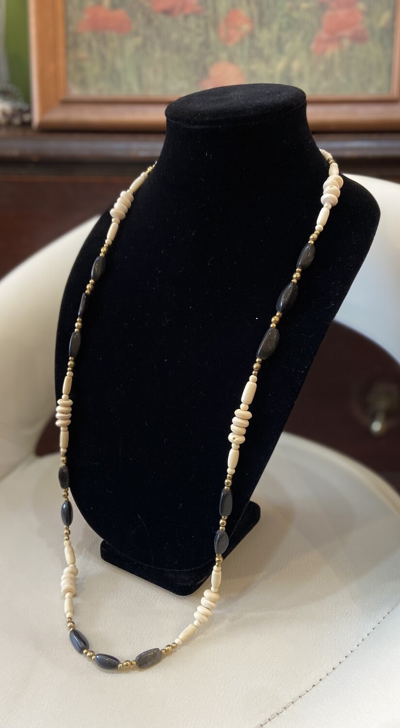 Vintage Handmade White Bone and Black Stone Bead Necklace