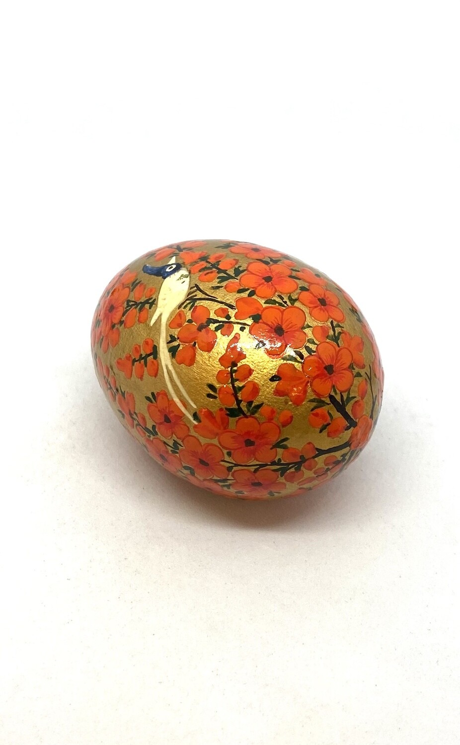 Hand-Painted Lacquered Wood Egg with Orange Flowers and Blue Bird