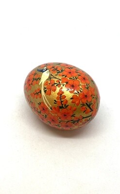 Hand-Painted Lacquered Egg with Orange Flowers and Bird
