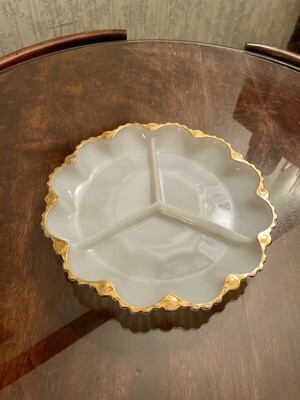 Anchor Hocking Milk Glass Divided Plate w/Gold Rim 10"