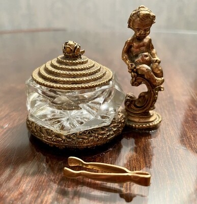 Vintage Bohemia Glass Gold Gilt Ormolu Cherub Salt Cellar w/Lid and Tiny Tongs 1960's