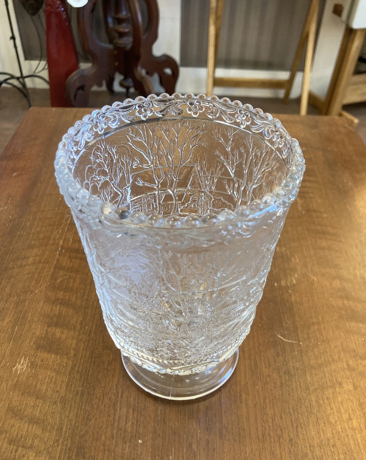 Fenton Frosted Glass Embossed Woodland Cabin Scene Vase 6 1/2" v 4.15" flaw