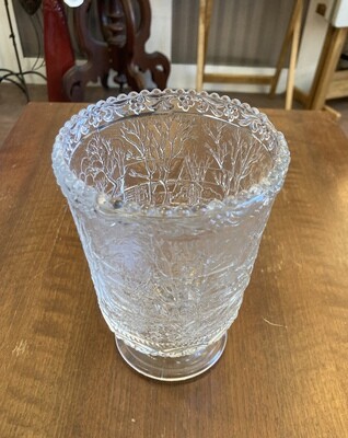 Fenton Frosted Glass Embossed Woodland Cabin Scene Vase 6 1/2&quot; v 4.15&quot; flaw