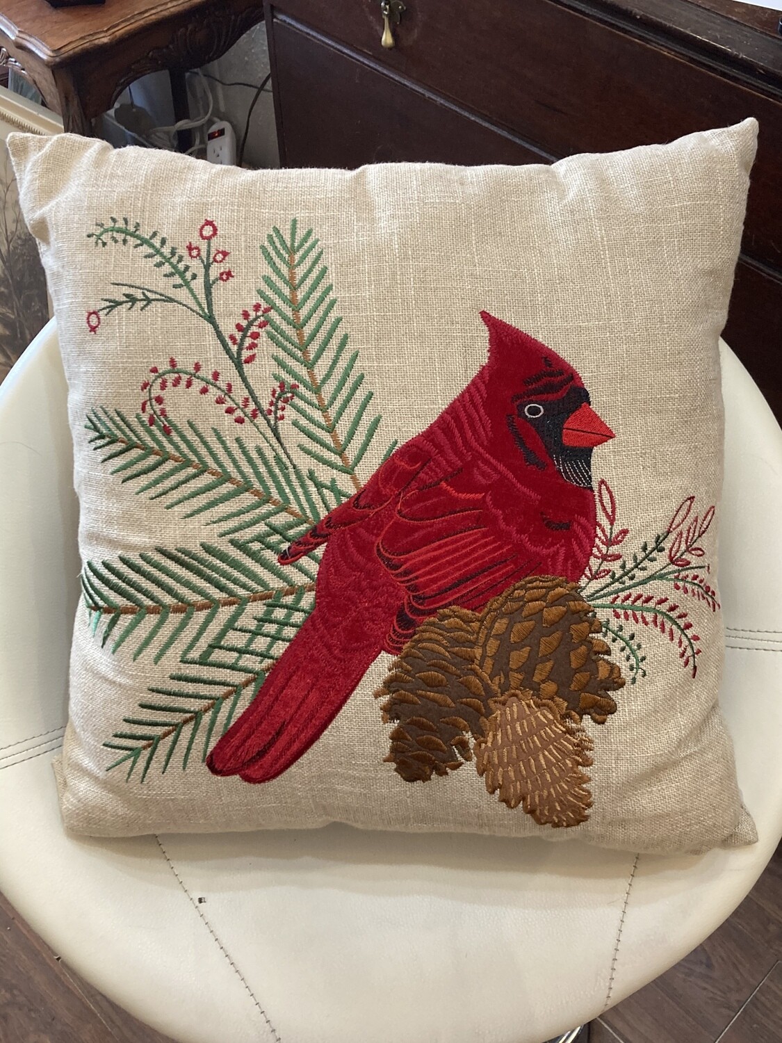 Red Robin With Pinecones Embroidered Throw Pillow
