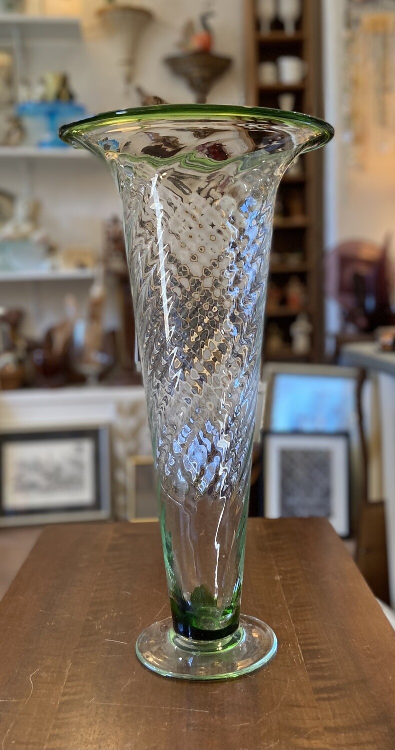 Tall Trumpet Glass Vase, Clear with Green