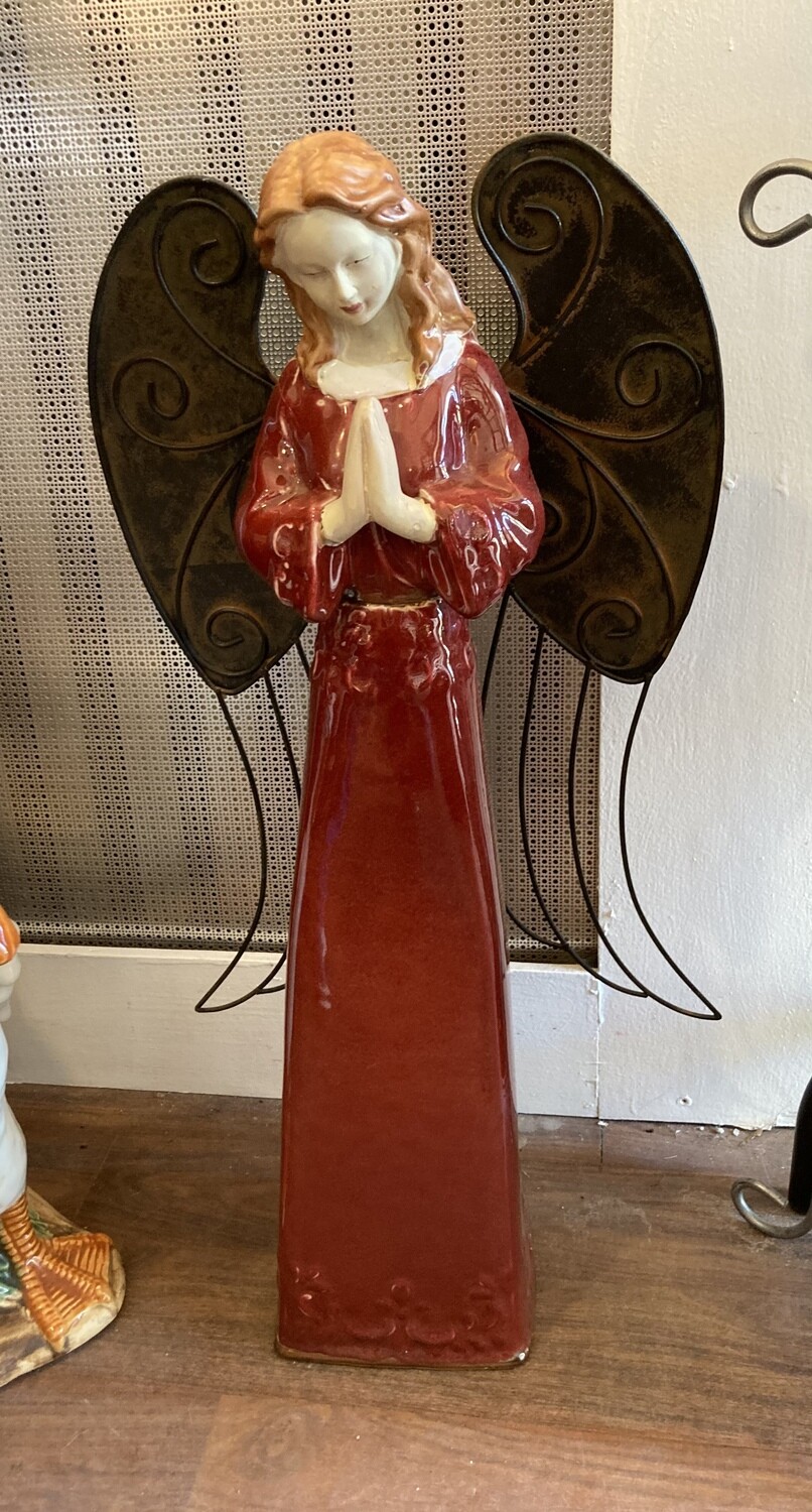 Ceramic Angel Statue with Metal Wings 23.5”