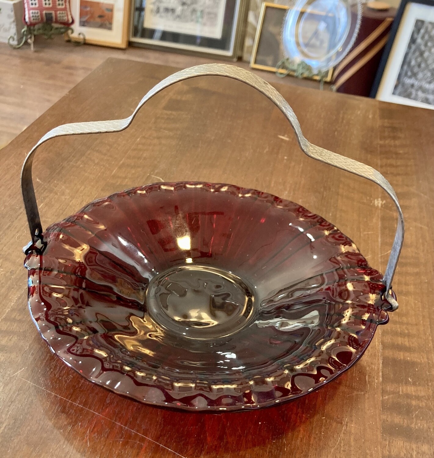 Vintage Red Glass Bowl with Handle