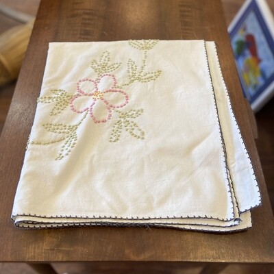 Vintage White Tablecloth with Raised Floral Embroidery