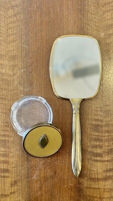 Vintage Art Deco Hand Mirror and Matching Glass Powder Box