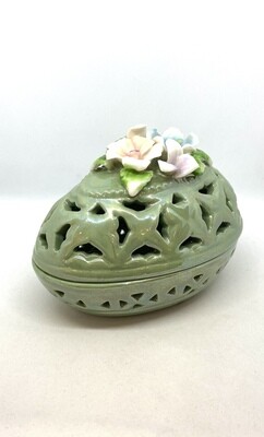 Vintage Green Floral Egg-Shaped Porcelain Filigree Trinket Box