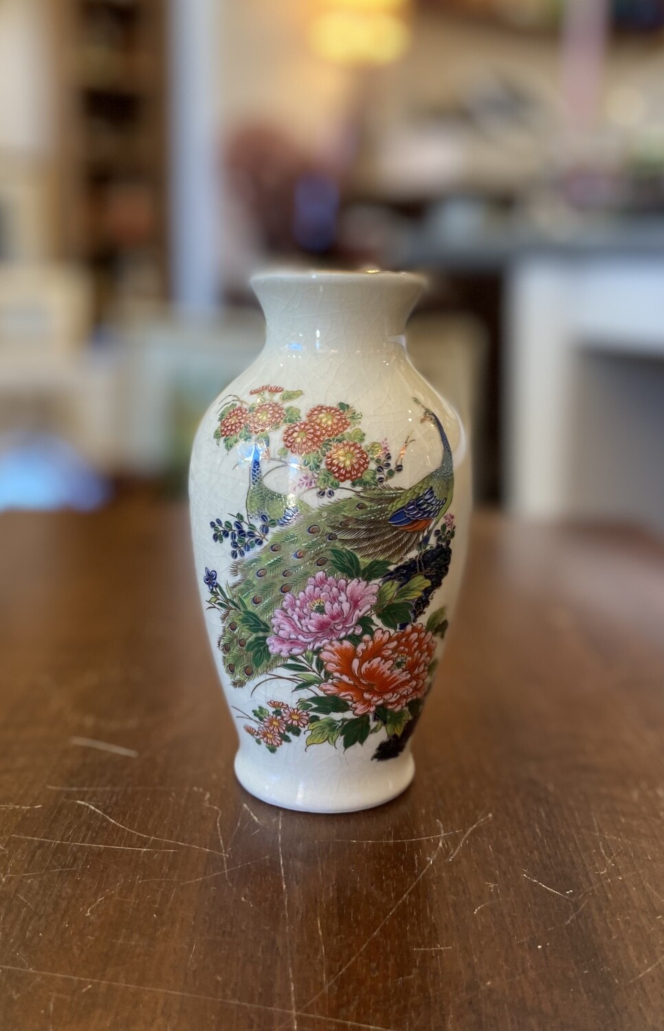 Vintage Cracked Ceramic Japanese Peacock Flower Vase