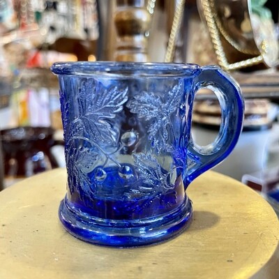 Vintage Miniature Cobalt Blue Glass Mug w/Foliage Design 
