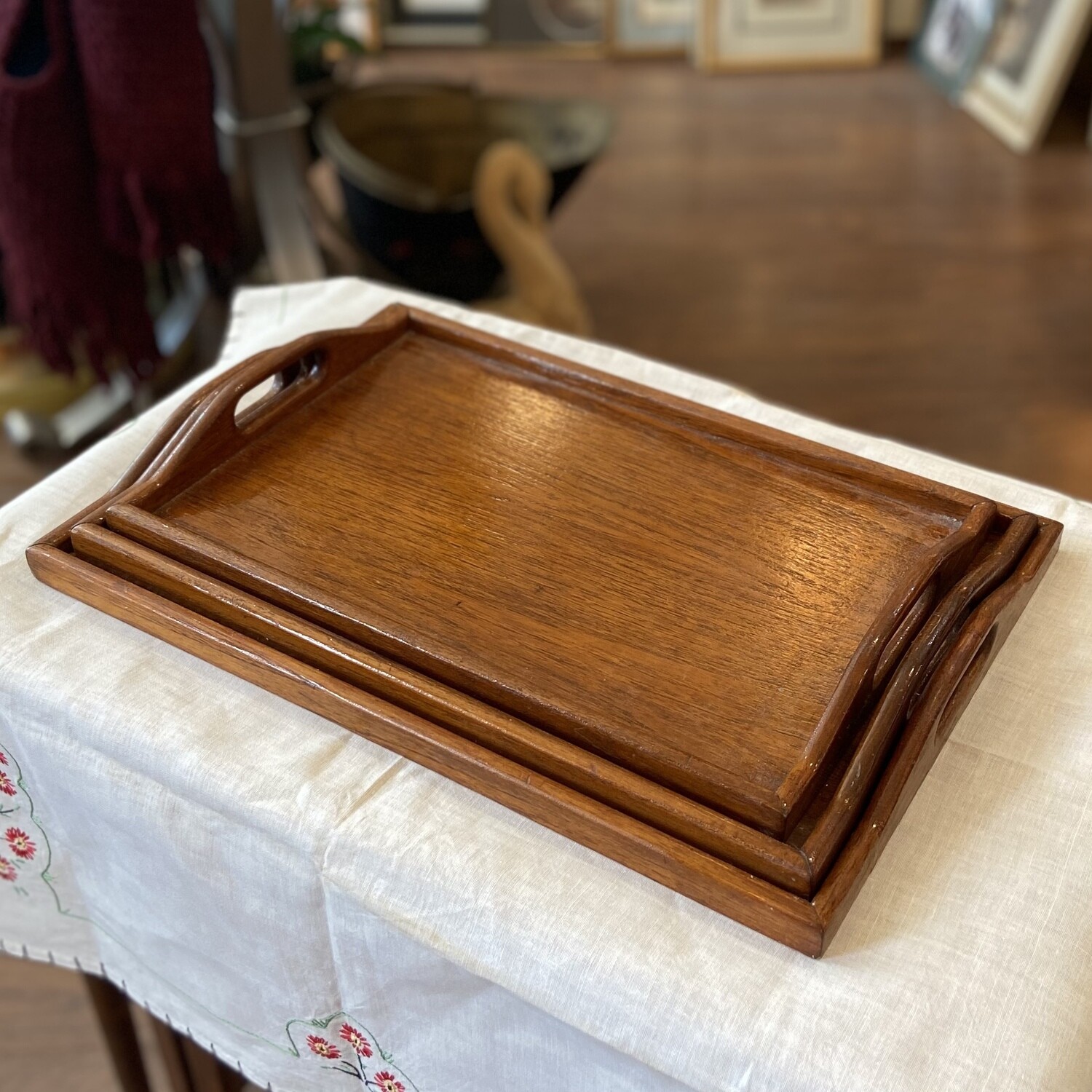 Set of Three Stackable Wooden Serving Trays with Handles