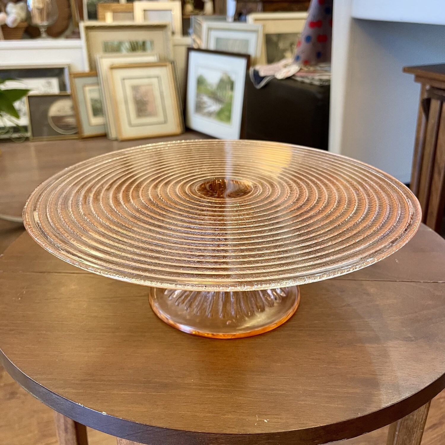 Pink Ribbed Depression Glass Cake Stand 9 13/16”