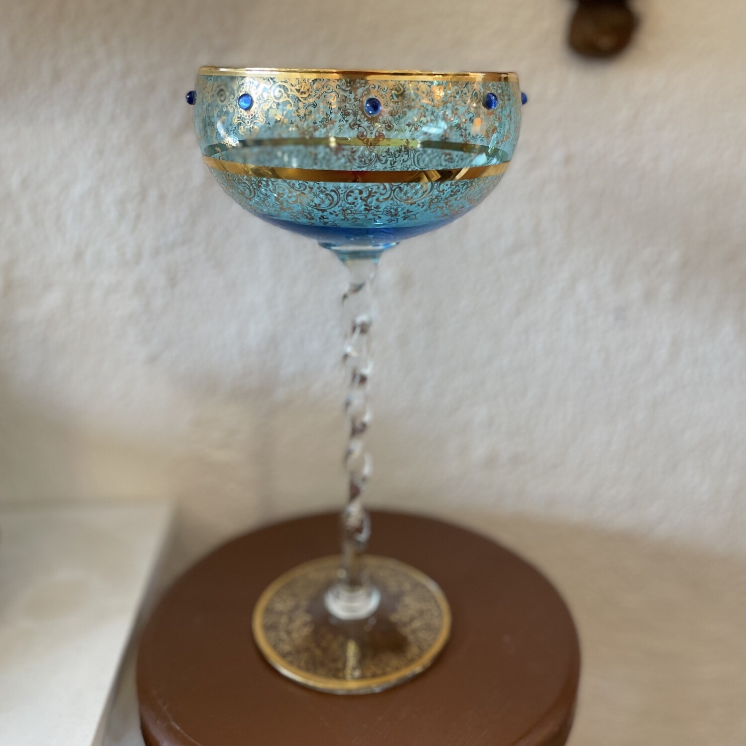 Vintage Venetian Ornate Blue Glass  Gold Gilt Twisted Stem Goblet 11” x 5 3/8”