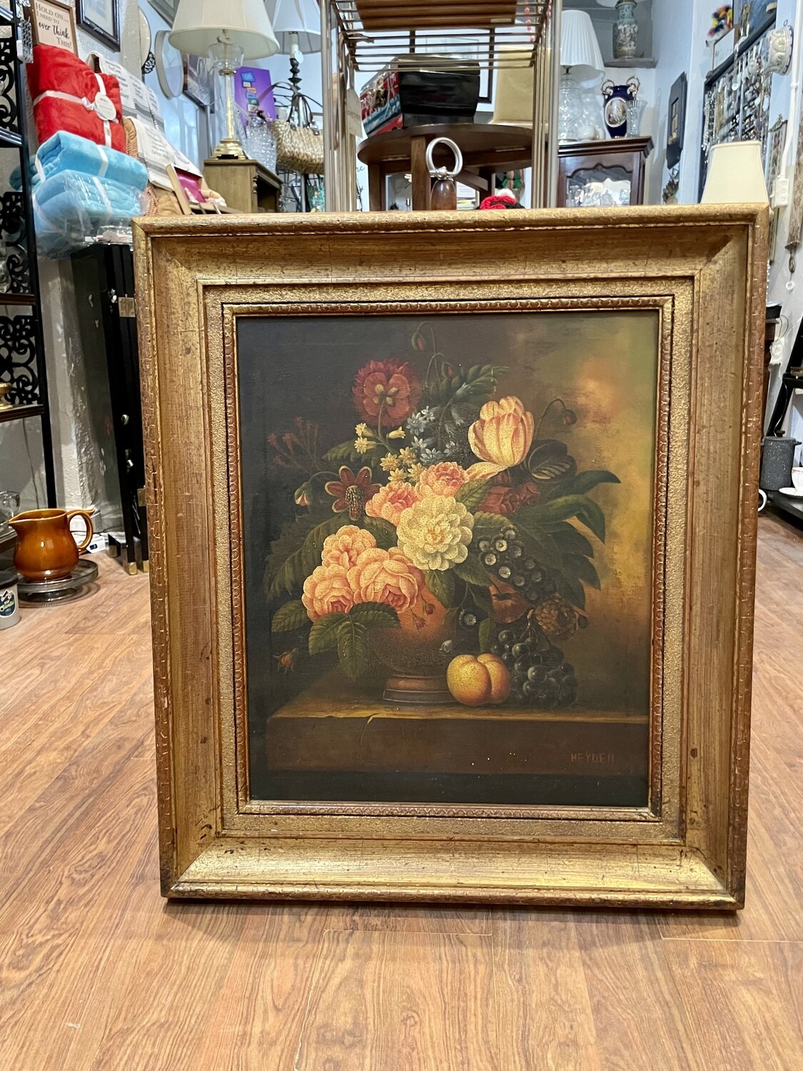 Vintage/Antique Canvas Painting Flowers and Fruit 32” x 28”