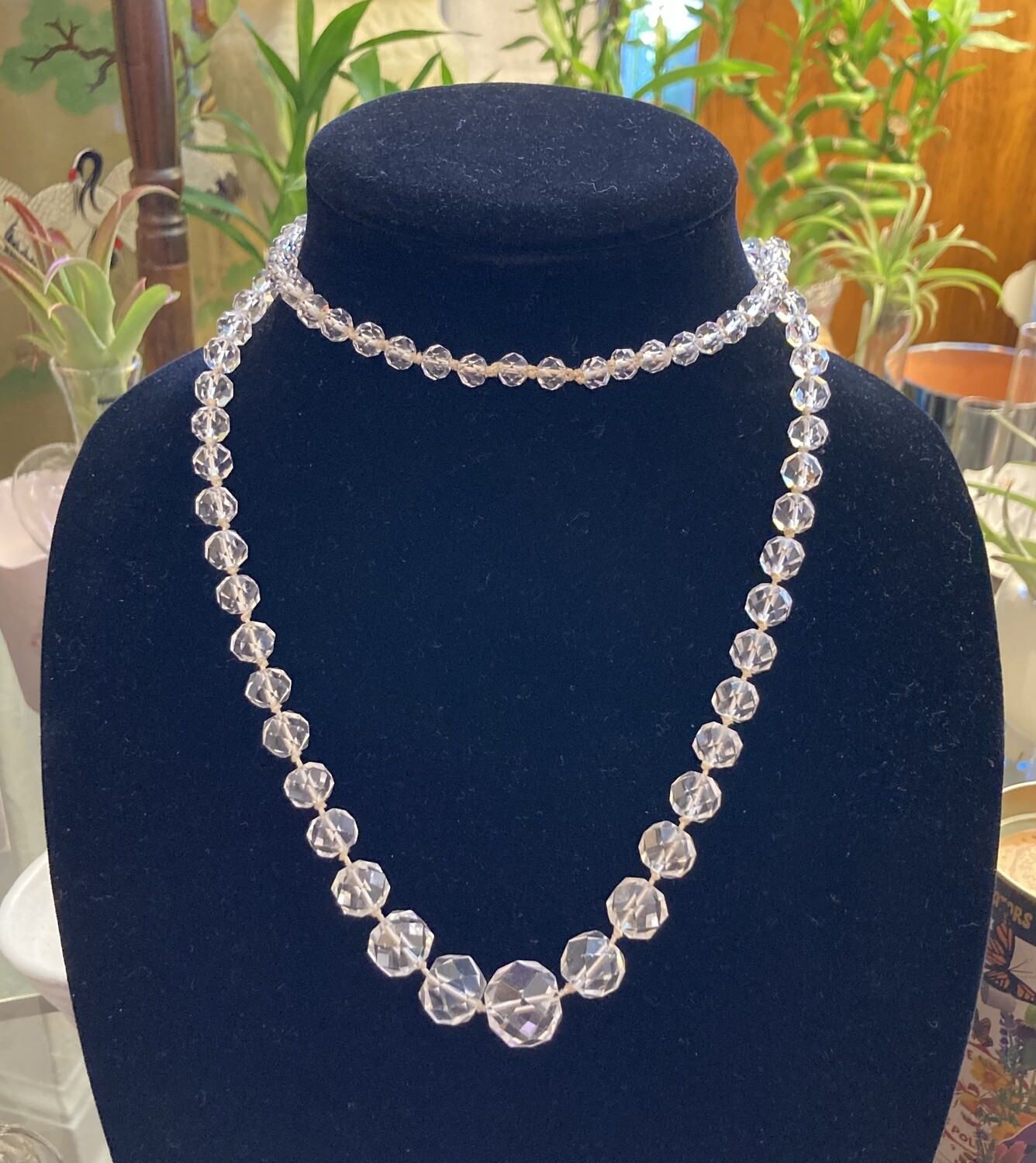 Faceted Clear Glass Bead Necklace 32”