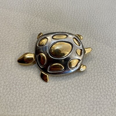 Liz Claiborne Polished Silver and Gold Tone Turtle Brooch
