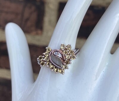  Heart Shaped Yellow Gemstone Ring w/Rhinestones in Rose Colored in Sterling Silver, size 7