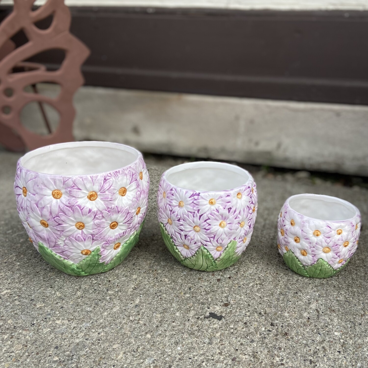 Enesco Set of Three Purple and White Flower Ceramic Pots (Small-Medium-Large)