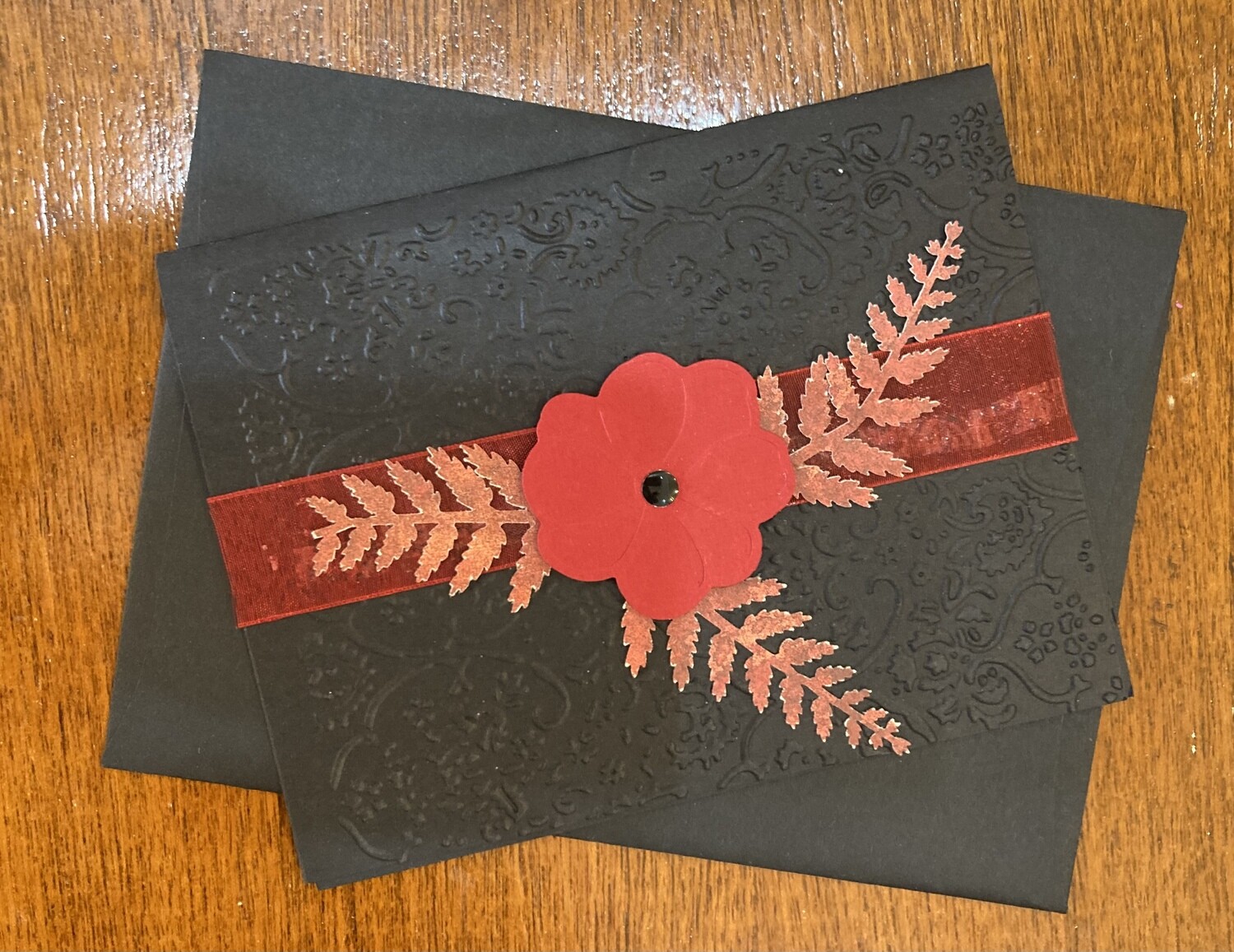 Hand Made Note Cards, Design: Red Flower on Black