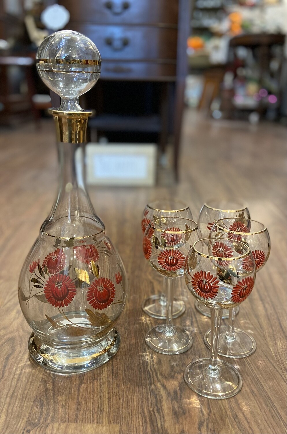 Mid Century Romanian Made Hand Painted Glass Decantor and 5 Stem Glasses