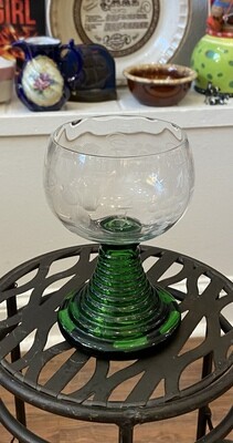 Vintage Ribbed Green Stem Roemer Style Etched Crystal Goblet