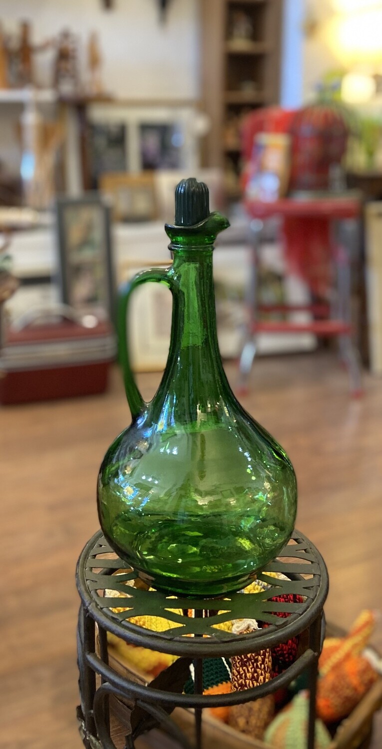 Vintage Green Glass Decanter with Cork