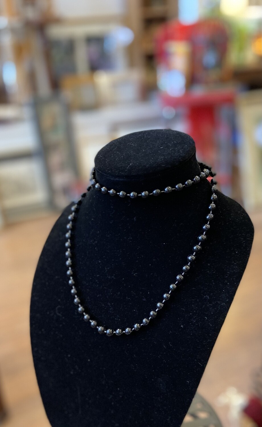 Black Plastic Bead Strand Necklace 33”