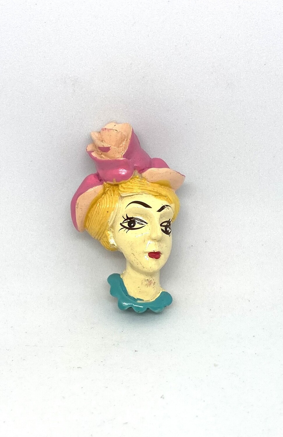 Vintage Hand Painted Woman with Rose Hat Brooch