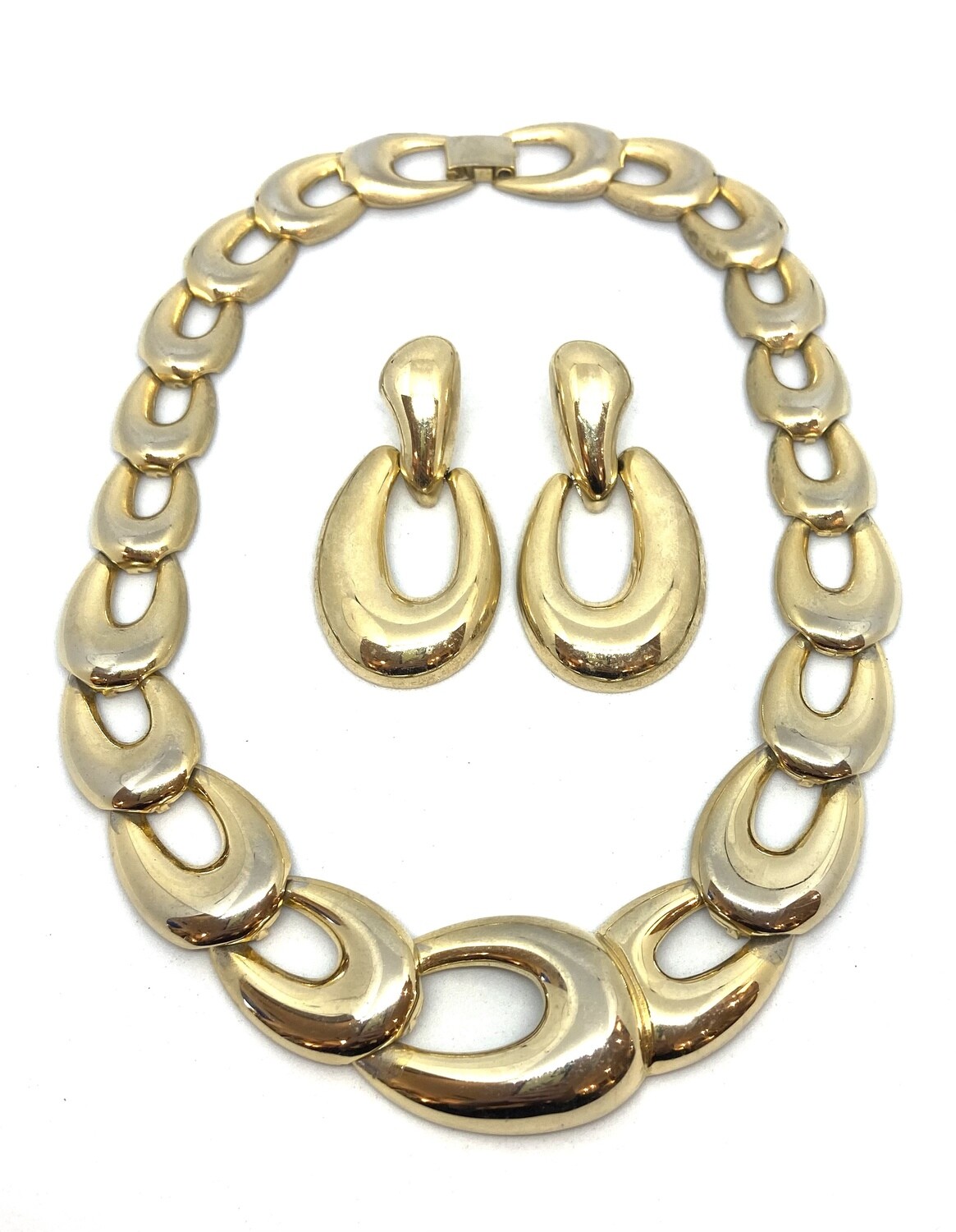 Gold Tone Flat Chain Link Necklace and Earrings Set