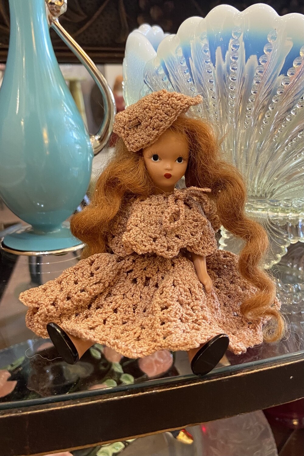 Vintage Jointed Plastic Doll with Crochet Outfit