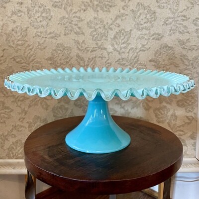 Vintage Fenton Turquoise Silver Crest  Ruffled Cake Stand