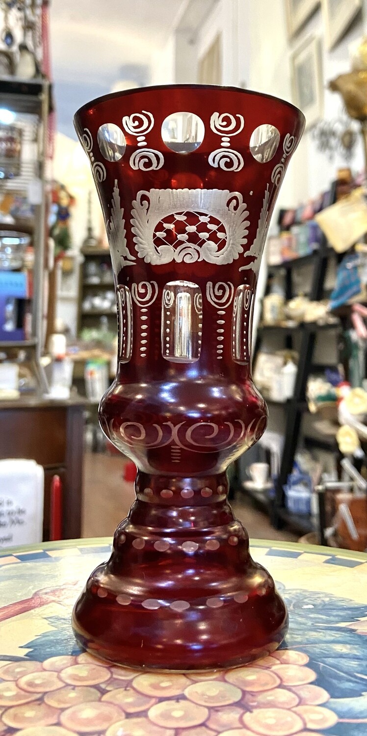 Bohemian Egermann Ruby Red Cut to Clear Glass Vase