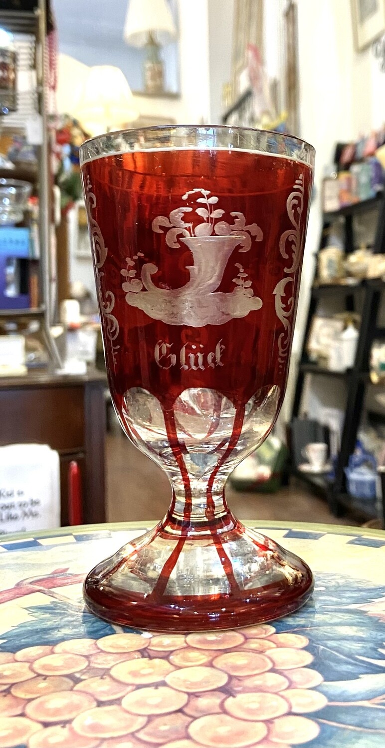 Ruby Red Etched Glass Goblet