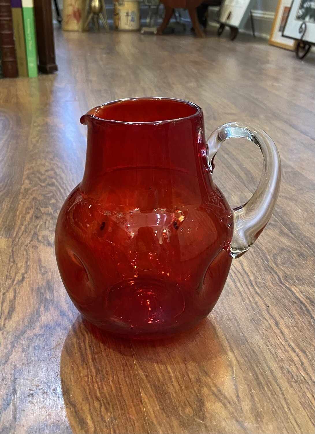 Red Handblown Dimpled Glass Pitcher with Clear Handle