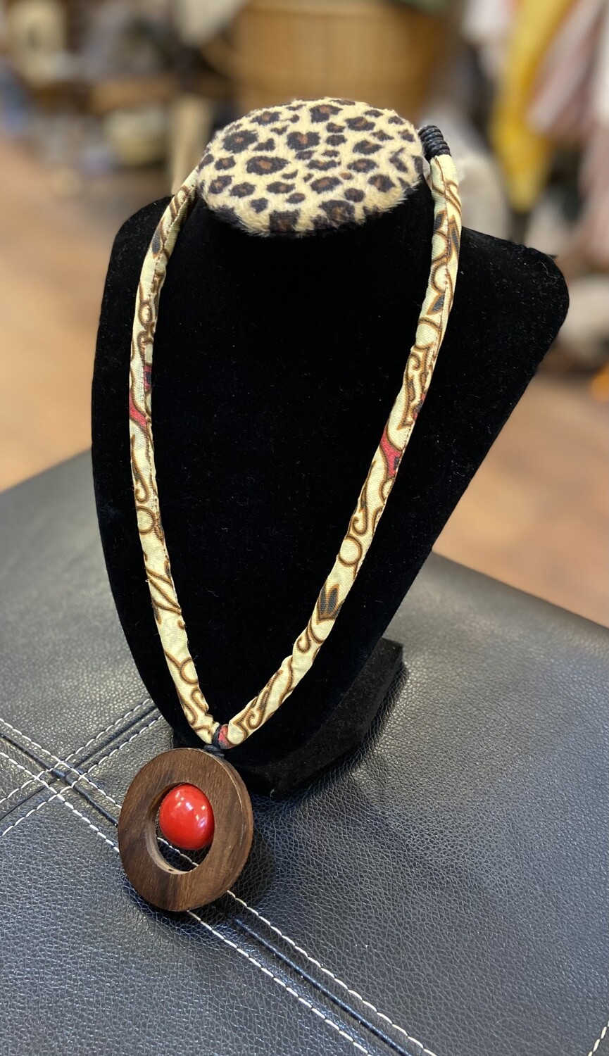 Cloth and Wood Red Bead Necklace