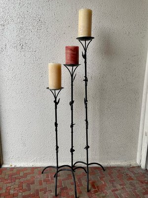 Set of 3 Tall Metal Pillar Candleholders w/ Leaf Decor