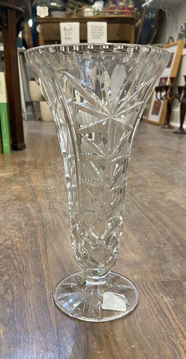 Crystal Cut Vintage Vase With Flower Etchings 10” 