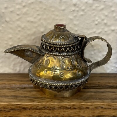 Miniature Brass Teapot with Red Stone Lid Accent 3"