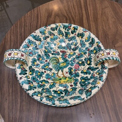 Vintage Handpainted Green Rooster Dish with Handles