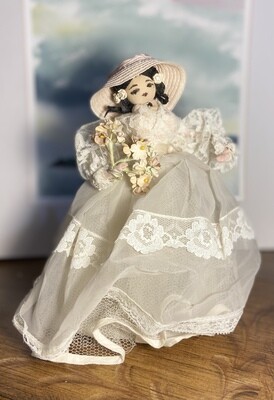Vintage Posable White Summer Dress Doll with Stand